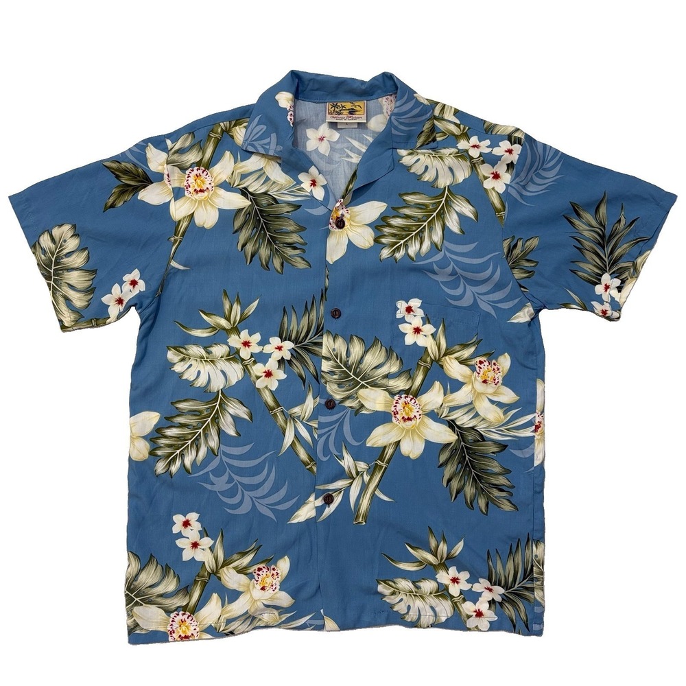 Vtg Winnie Fashion Tropical Hawaiian Mens Large Button Up Shirt Floral Blue L
